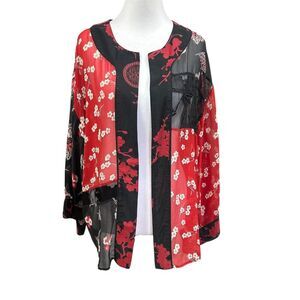 Chicos Silk Asian Inspired Short Kimono Cardigan Sz 1 / M Red Black Floral
